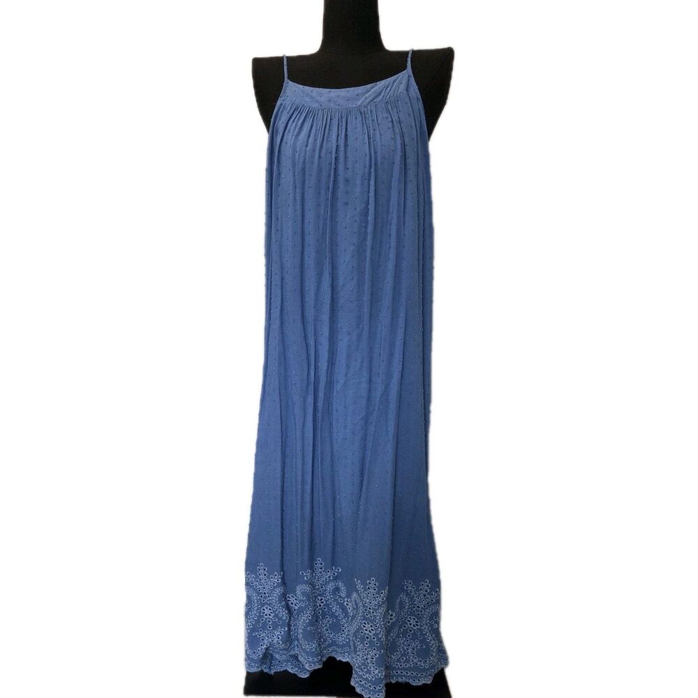 En Creme Maxi Dress Small Blue Column Eyelet Swiss Dot Gauze Beach Boho Crochet